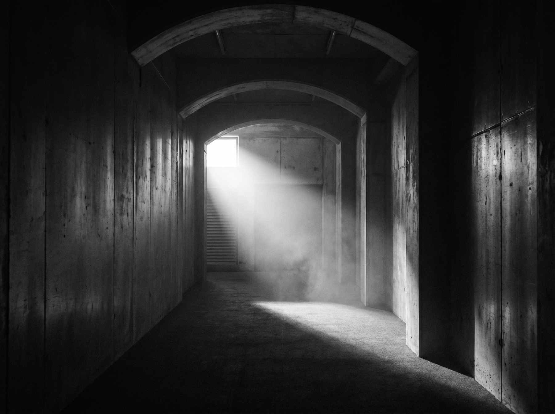 Túnel de vestuarios vacío de un estadio con un haz de luz al fondo, tratamiento en blanco y negro