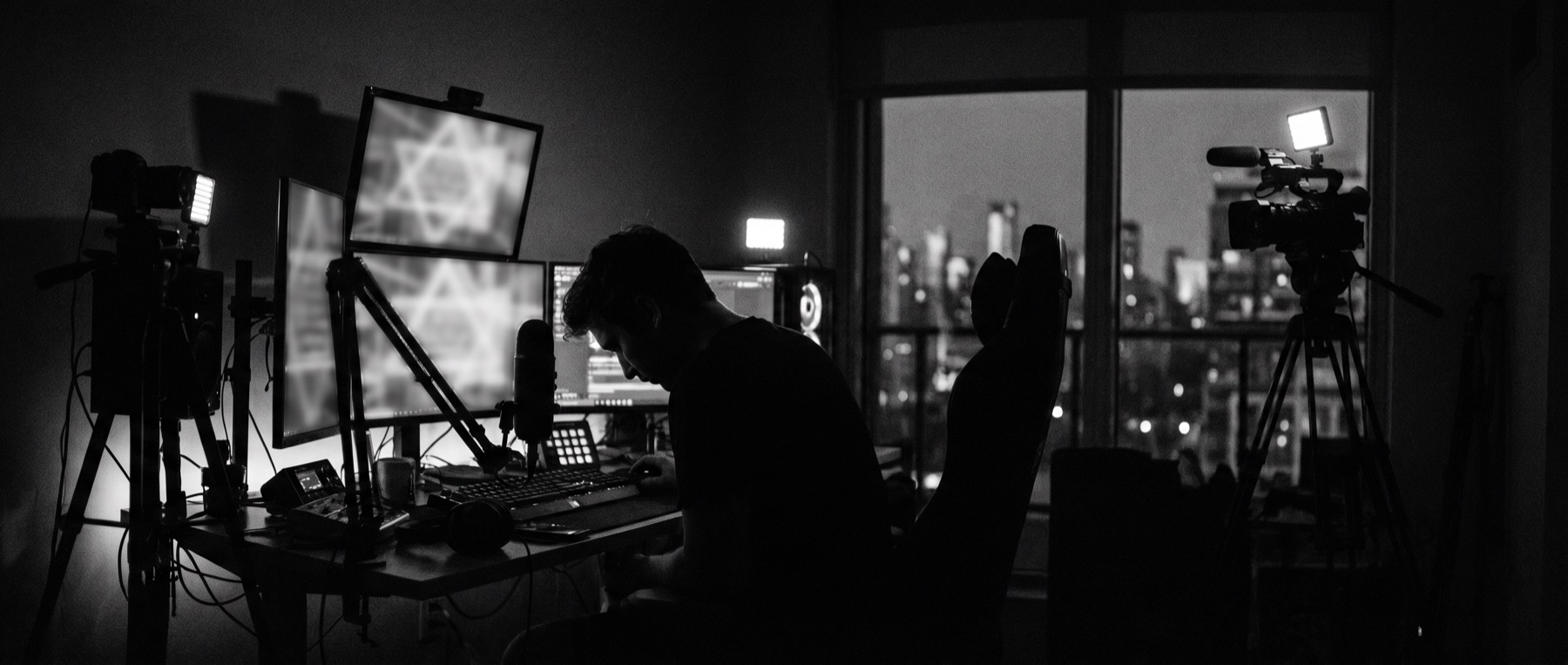 Mesa de streaming de un creador de contenido de fútbol, con monitores encendidos de noche, tratamiento en blanco y negro